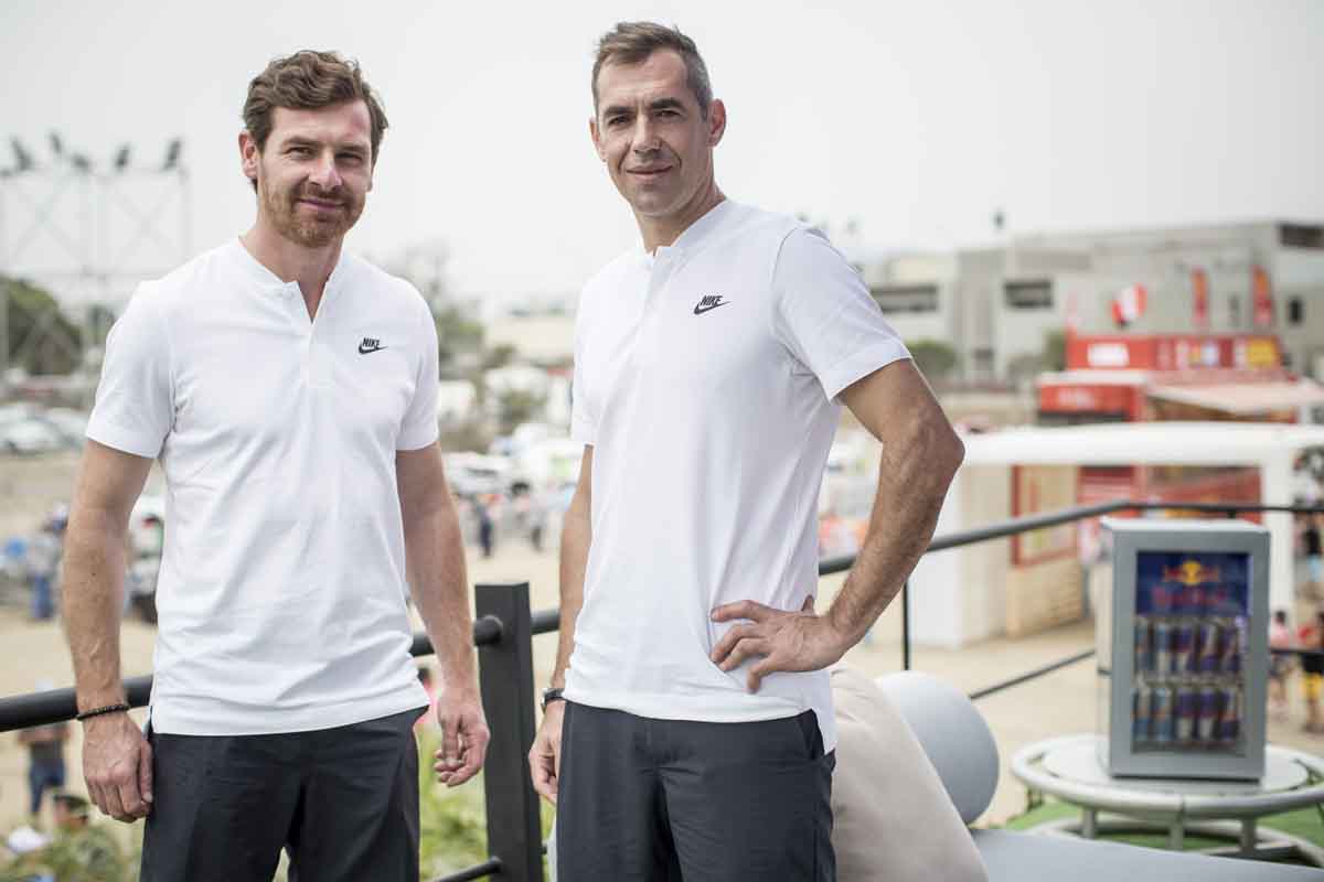 Andre Villas-Boas and co-driver Ruben Faria pose for a portrait before a press conference at the Rally Dakar 2018 in Lima, Peru on January 4th, 2018.