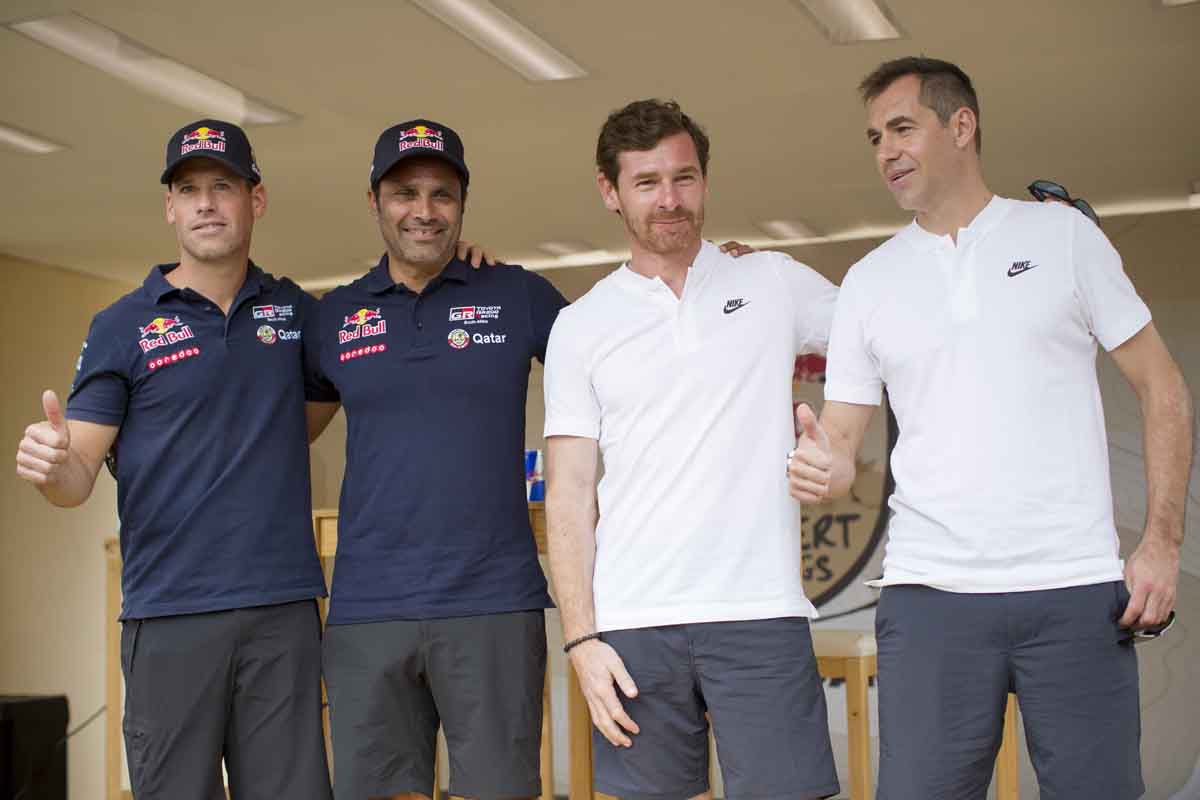 Nasser Al-Attiyah, co-driver Matthieu Baumel, Andre Villas-Boas and co-driver Ruben Faria pose for the media after delivering a press conference before the Rally Dakar 2018 in Lima, Peru on January 4th, 2018.