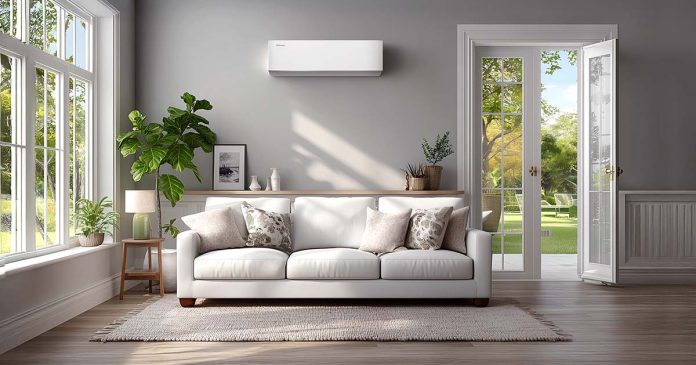 Sala de estar decorada em tons neutros com um ar condicionado eficiente instalado na parede branca sobre o sofá.