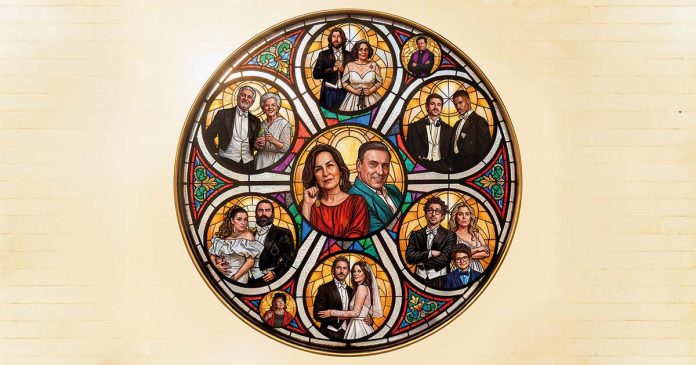 Filme Santo António, o Casamenteiro de Lisboa, representado num poster inspirado num vitral com vários casais