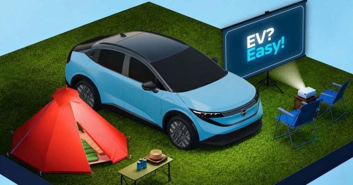 Nissan EV elétrico junto a tenda e equipamento de lazer na série da Nissan EV? Easy!